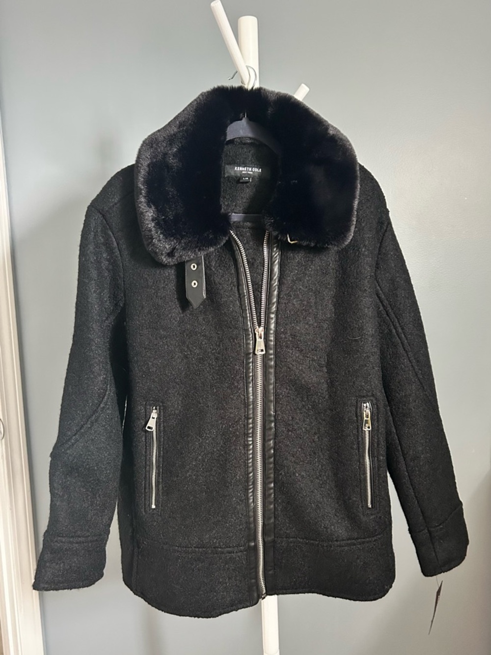 Kenneth Cole Charcoal Black Wool Blend Coat with Faux Fur Trim